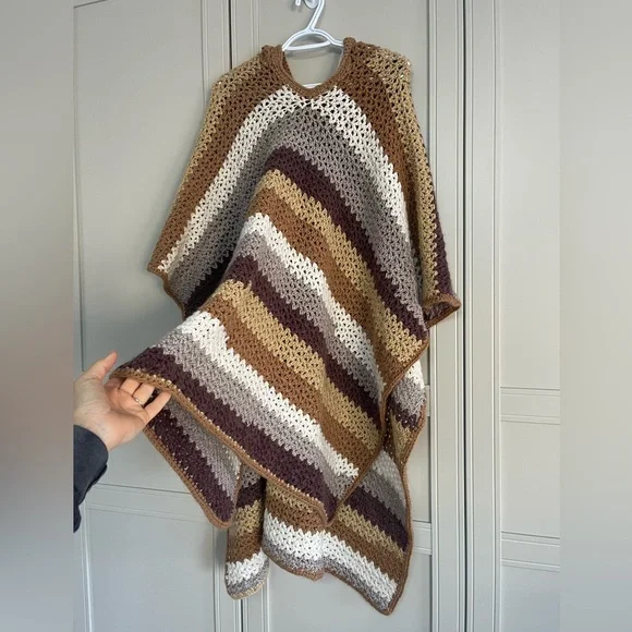 Hand Crochet Striped Cottagecore Boho Folk Hooded Poncho - Picture 7 of 9
